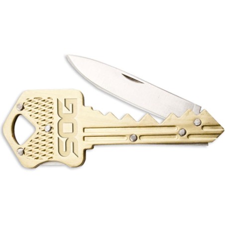SOG Key Knife, 1.5" locking blade, brass color key shaped handle, 2.5" closed. No CA/MA sales.